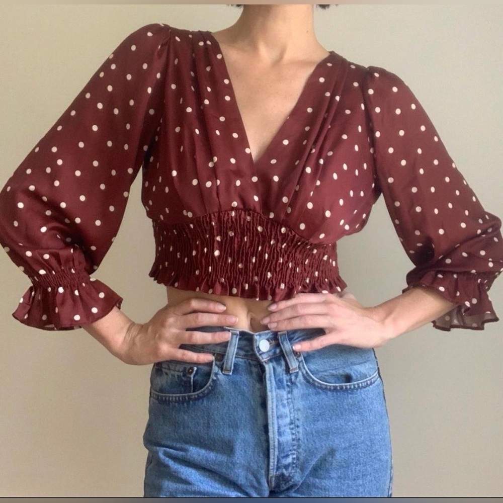 Zara Burgundy Polka Dot Cropped Blouse Size XS